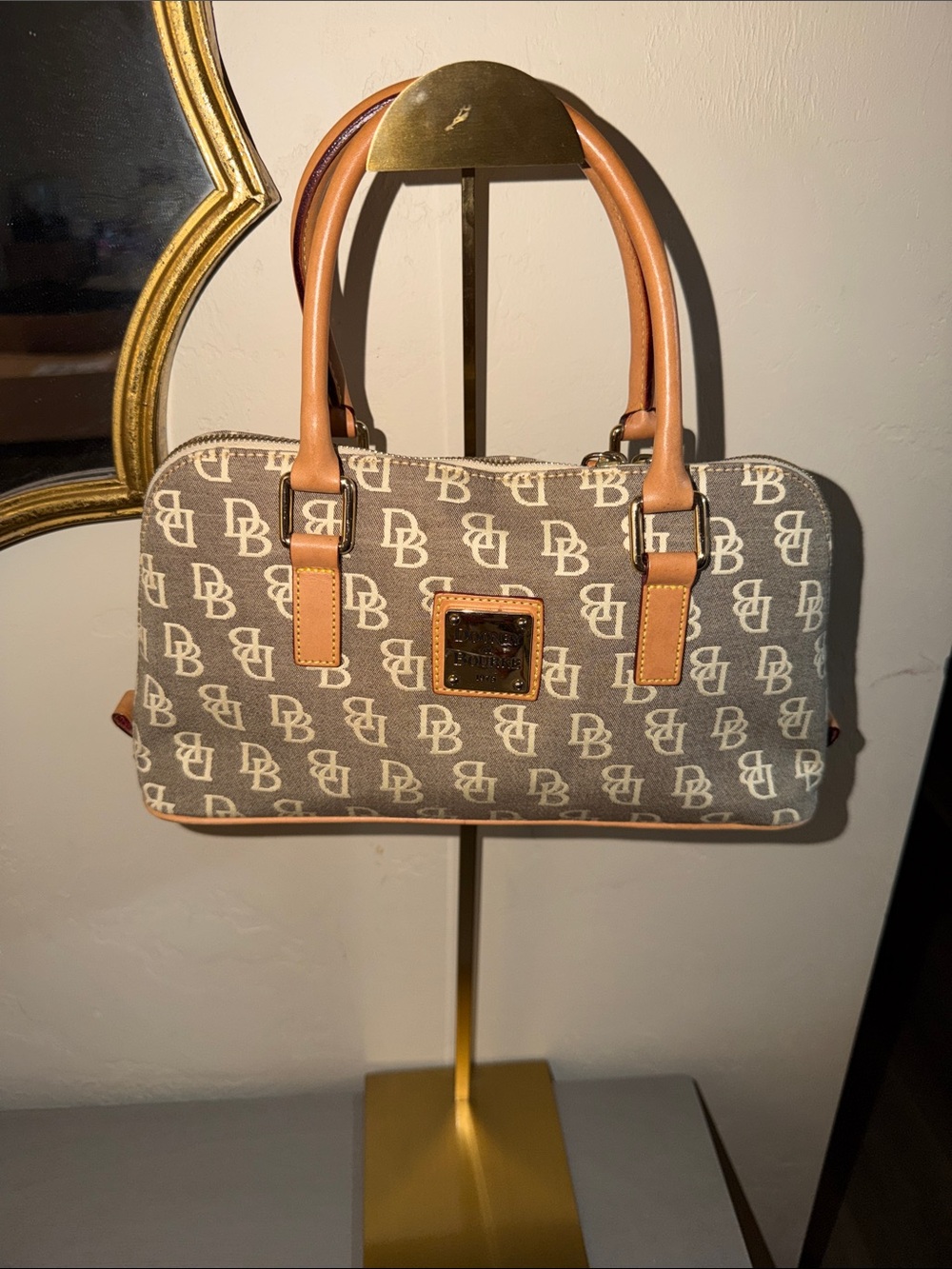 Dooney & Bourke Gray Logo Satchel with Tan Leather Handles